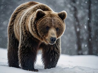 Obraz premium Eurasian brown bear (Ursus arctos arctos) in the forest, bear in the snow, winter.