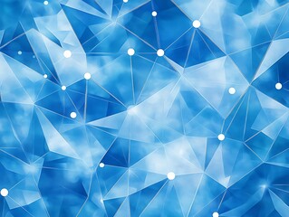 Futuristic low-poly geometric abstract design with blue wireframe and glowing orange network connections