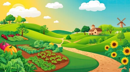 Naklejka premium Rural landscape with farms hills windmill and any kind of vegetables