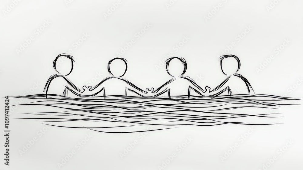 Poster minimalist line art of individuals sitting in a row symbolizing teamwork patience and shared effort 