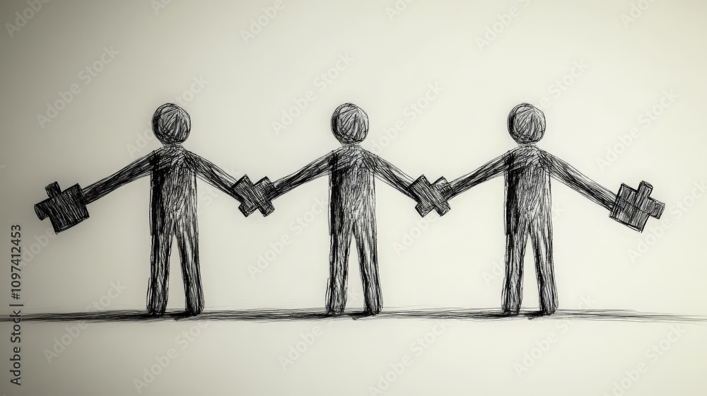 Poster monochromatic sketch of three interconnected figures holding puzzle pieces symbolizing teamwork coll