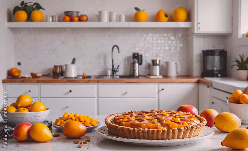 Poster a kitchen counter with a pie and a bowl of fruit. the pie is a peach pie and the fruit is a bowl of 