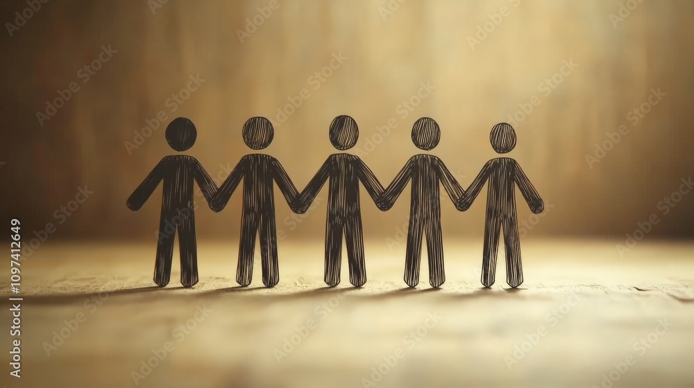 Poster wooden figures holding hands in a circle symbolizing teamwork unity and collaborative effort in a mi