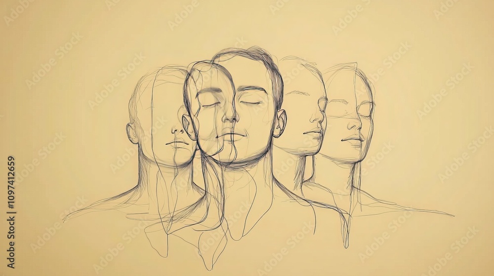 Poster abstract line art of interconnected faces symbolizing unity communication and shared thoughts in a m