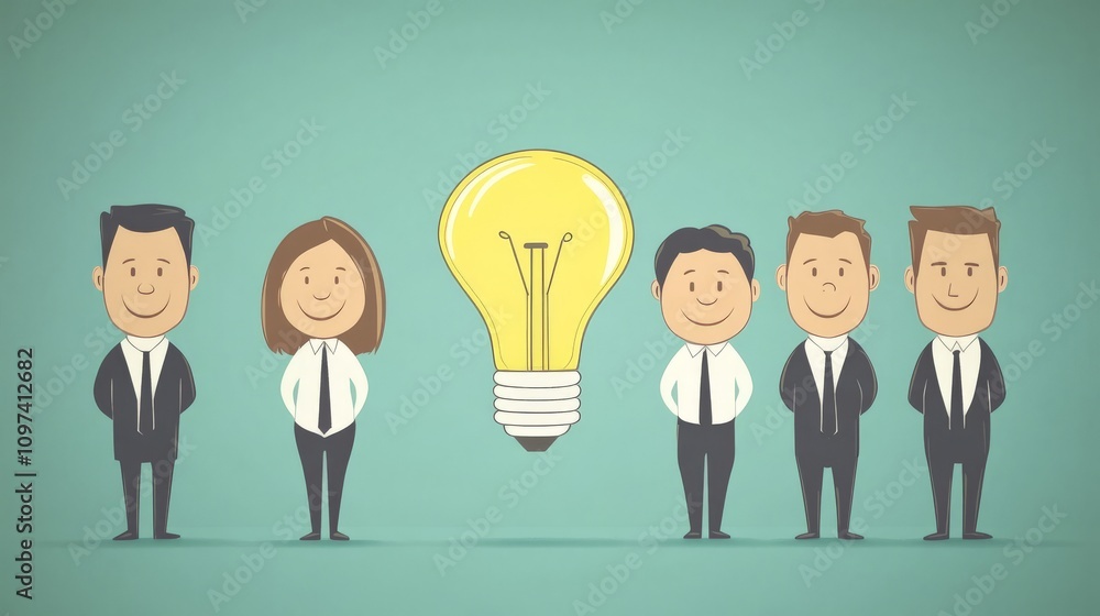 Poster cartoon style business team with a glowing light bulb symbolizing teamwork corporate creativity and 