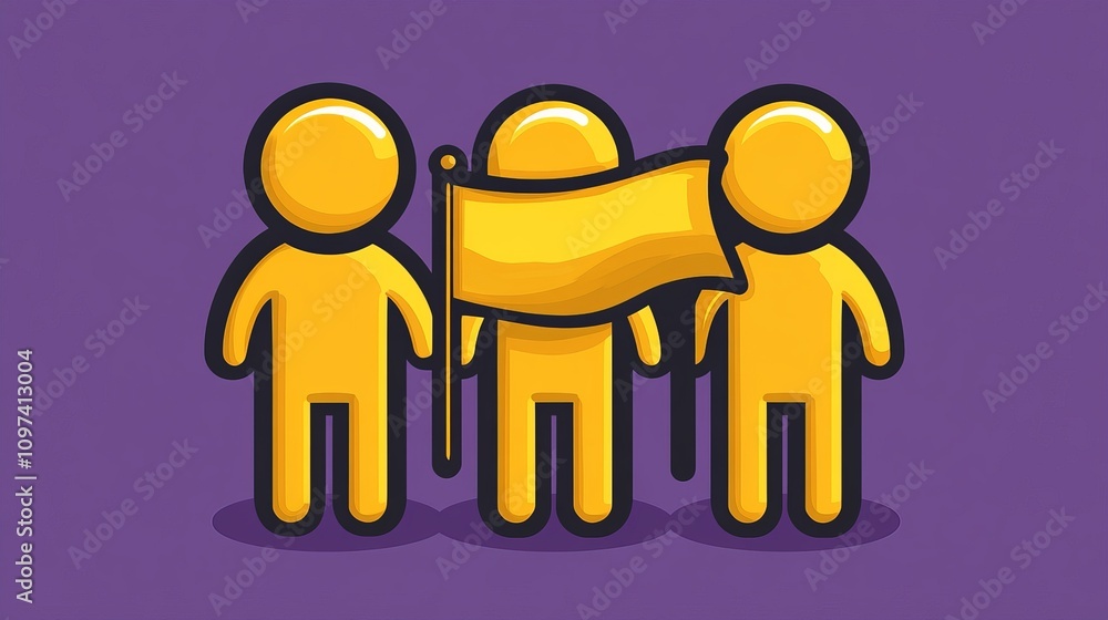 Poster vibrant illustration of three yellow abstract human figures symbolizing teamwork connection and unit