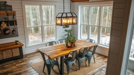 Obraz premium Rustic Farmhouse Dining Room With Wooden Table And Metal Chairs