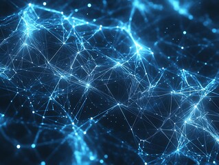 Futuristic low-poly geometric abstract design with blue wireframe and glowing orange network connections