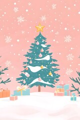 Obraz premium Pastel pink Christmas tree with gifts and snow.