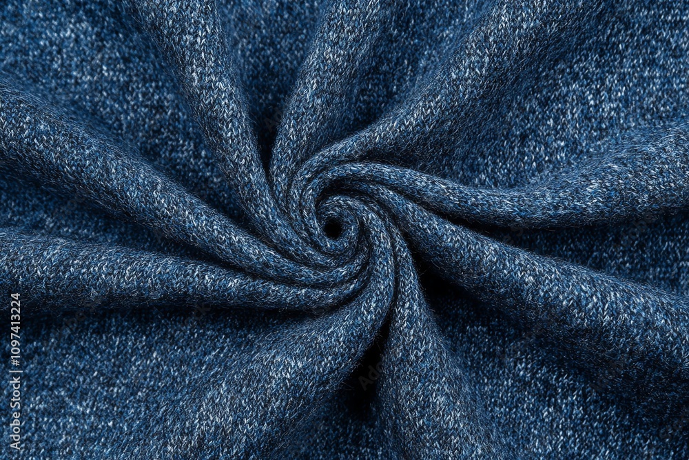 Poster close-up of a spiral of textured blue fabric, showcasing its softness and weave.