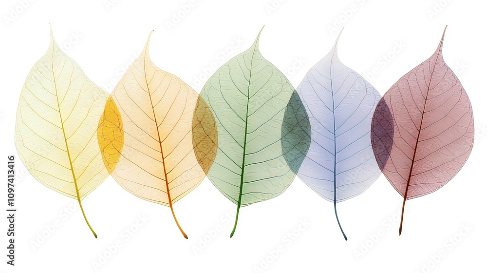 Poster five translucent leaves in various autumnal colors arranged in a row against a white background.