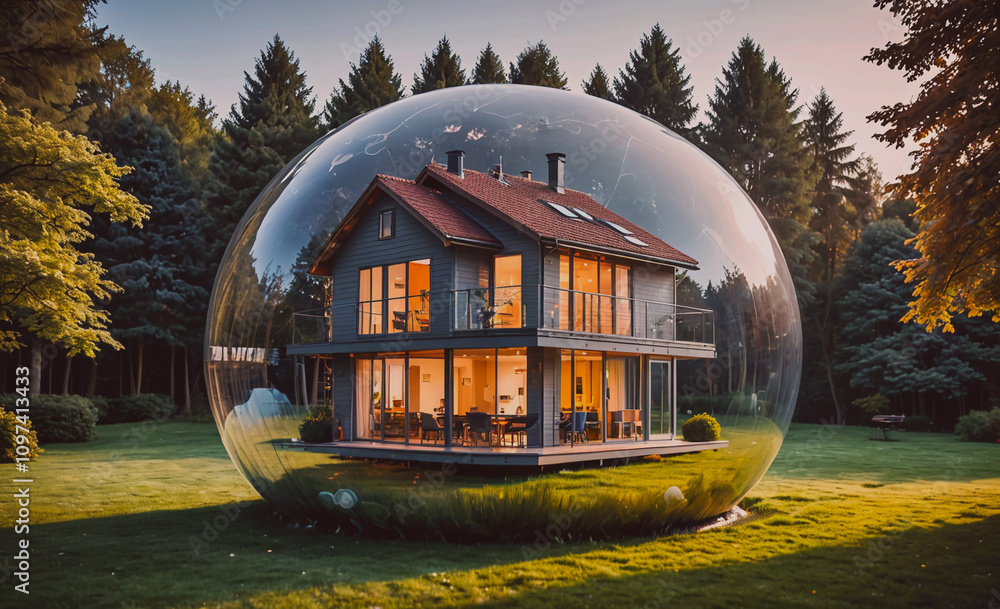 Aufkleber A house is inside a bubble, surrounded by trees. The bubble is transparent and the house is visible through it. The house is a modern design with a lot of windows, and it is a cozy and inviting space