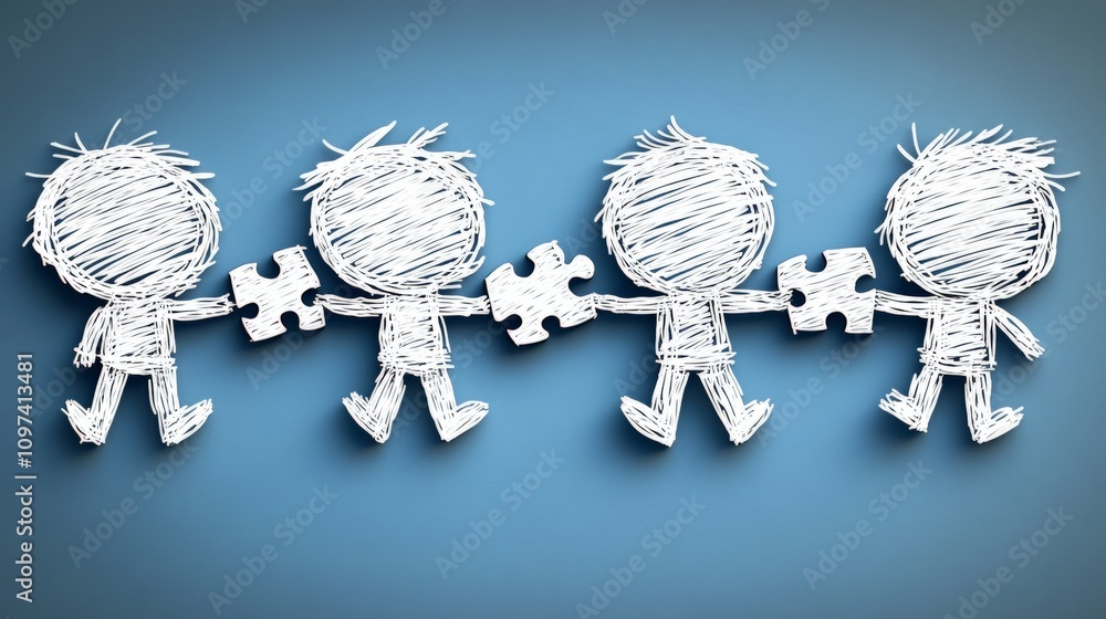 Aufkleber playful paper cutout figures holding puzzle pieces on a textured blue background symbolizing creativ