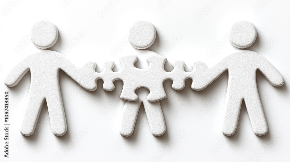Aufkleber white cutout figures holding hands and puzzle pieces on a minimalist background symbolizing connecti