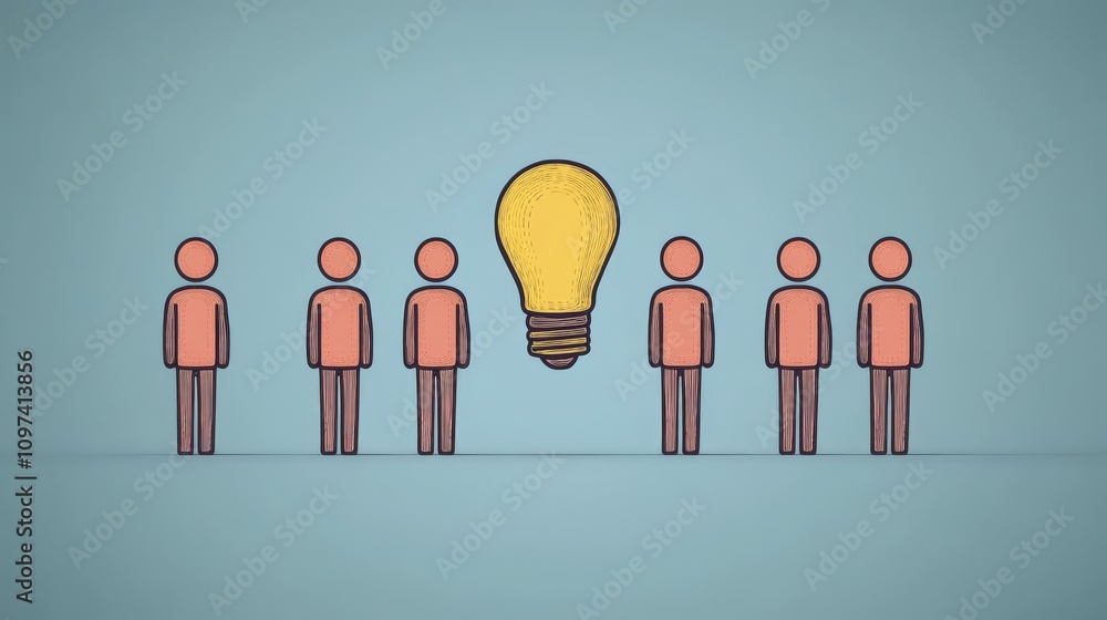 Aufkleber group of minimalistic red figures aligned under a lightbulb symbolizing teamwork innovation and the 