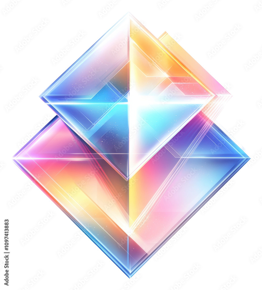 Poster holographic logo displaying shimmering colors with geometric shapes isolated on transparent backgrou