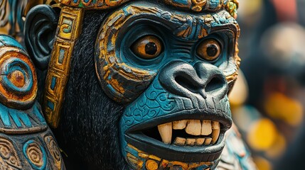 Close-up of a detailed gorilla statue with intricate gold and blue designs.