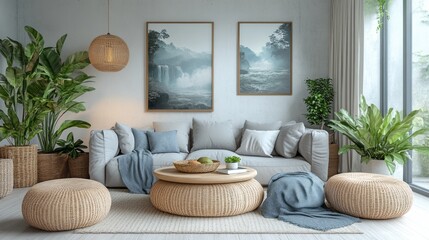 Fototapeta premium Serene Living Room Decor With Natural Elements And Waterfall Art