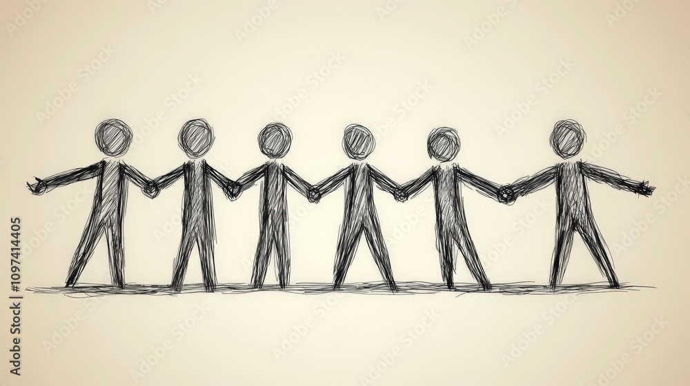 Poster group of dynamic abstract figures holding hands in a semicircle with glowing effects representing te