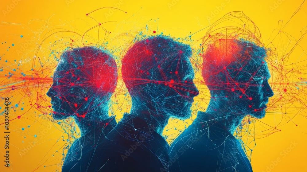Poster vibrant conceptual art of human profiles facing opposite directions with vivid colors and interconne