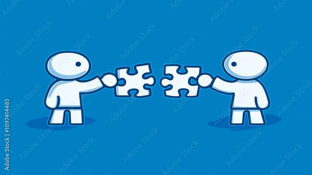 Poster abstract digital artwork featuring two robotic figures exchanging a puzzle piece representing techno