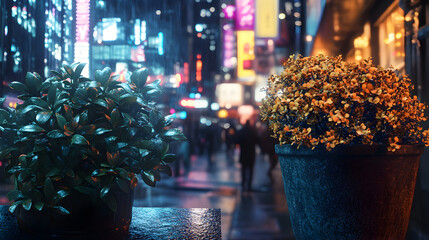 Obraz premium Rainy Night Cityscape with Potted Plants, Urban Greenery, Neon Lights, 3D Render