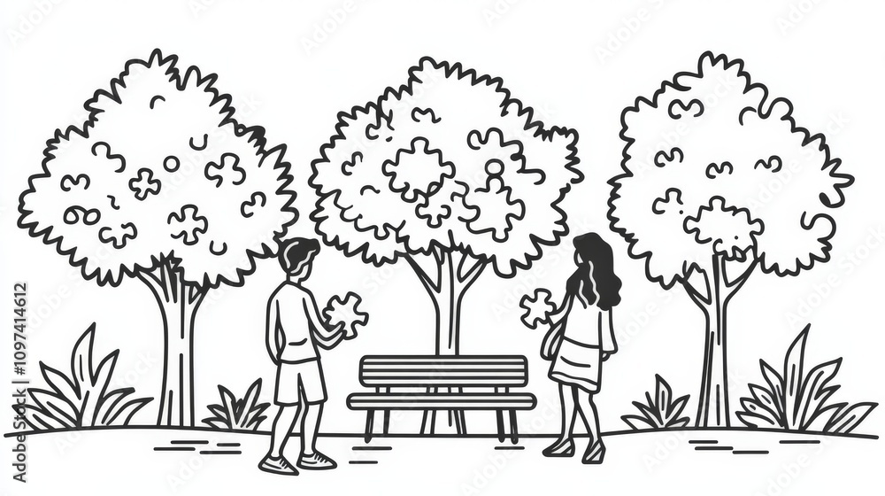 Poster simple line drawing of people interacting around a park bench under trees representing community con