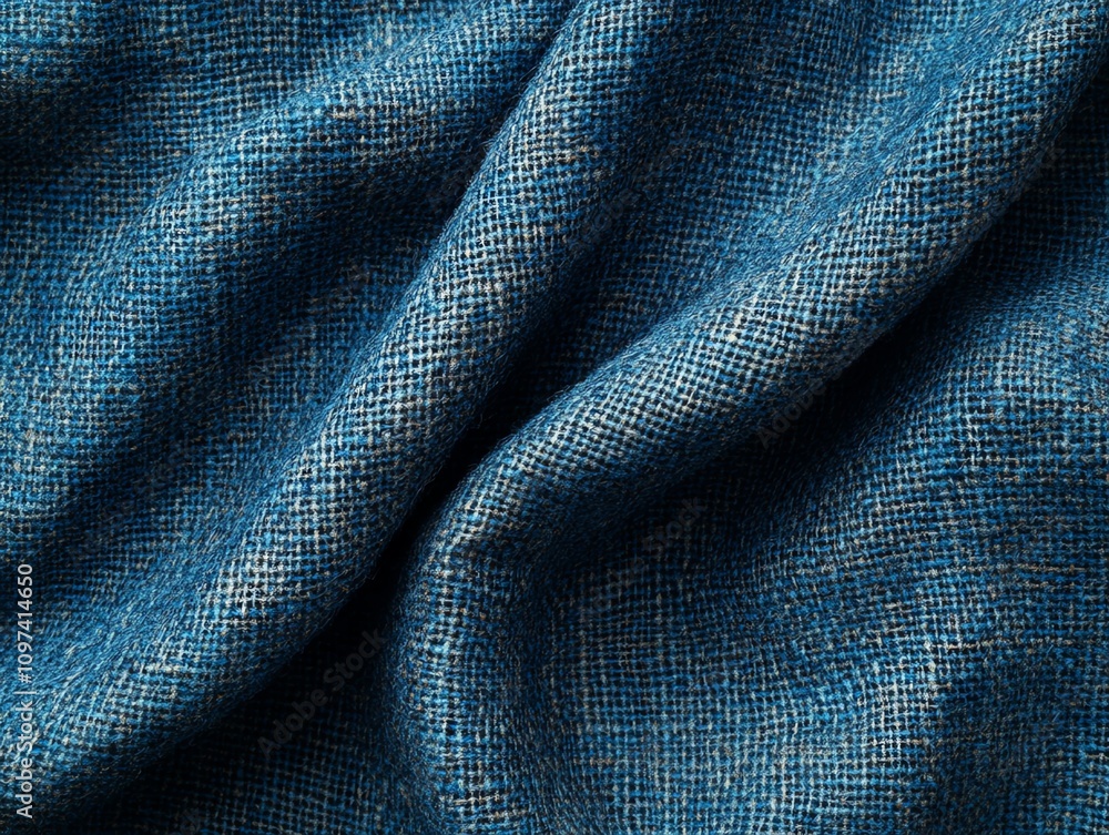 Poster a close-up view of textured blue fabric, showcasing its weave and softness.