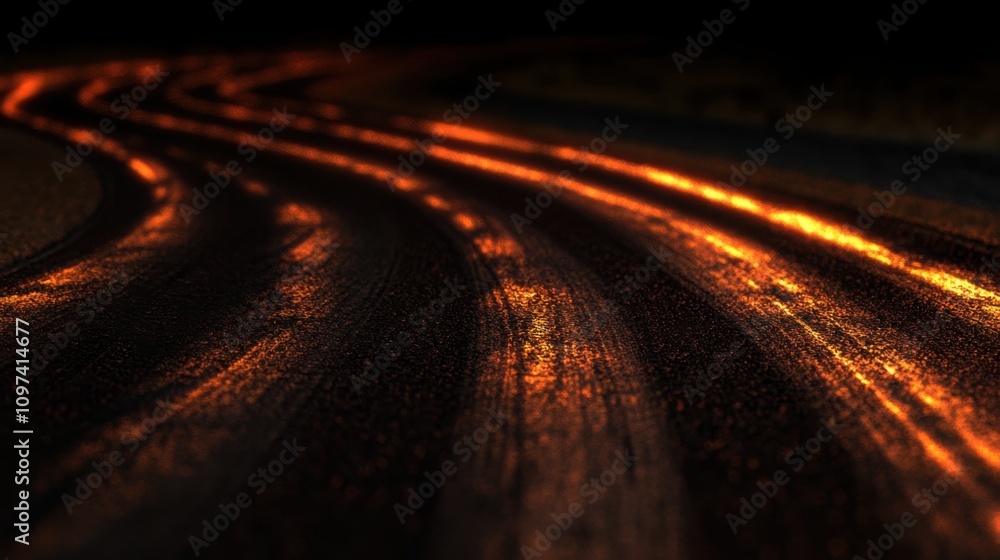 Poster captivating nighttime view of a winding road with glowing light trails and dramatic shadows captured