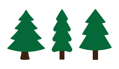 Set of Christmas trees. Traditional winter holiday firs with ornament, in pot, in craft paper, Xmas spruce with festive decoration, balls, lights. Vector illustrations on transparent background.