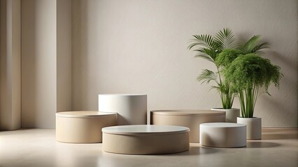 Minimalist display podiums in neutral tones for showcasing products , minimal, podium, display, products, neutral, tones