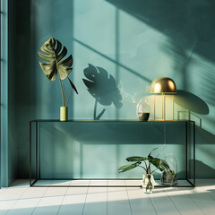 Modern Interior Design with Green Plants, Stylish Lamp, and Soft Shadows in a Bright Room Showcasing Minimalist Aesthetic and Natural Elements