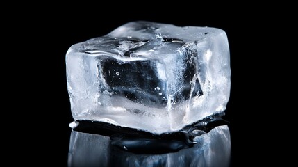 A clear ice cube melting on a dark reflective surface.