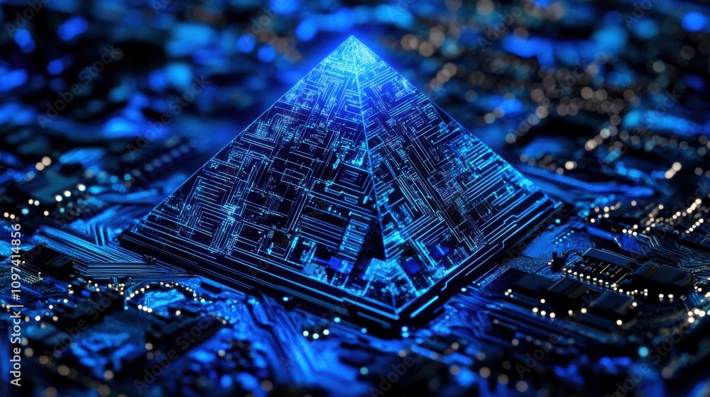 Poster futuristic pyramid structure with circuit patterns and blue illumination on microchip background, re