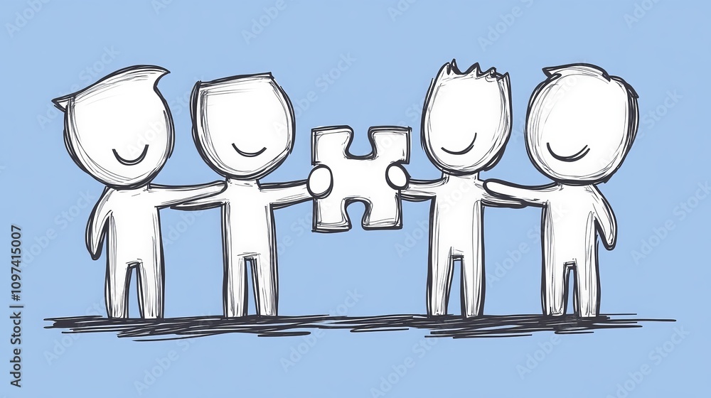 Poster minimalist sketch of figures exchanging puzzle pieces symbolizing collaboration teamwork and shared 