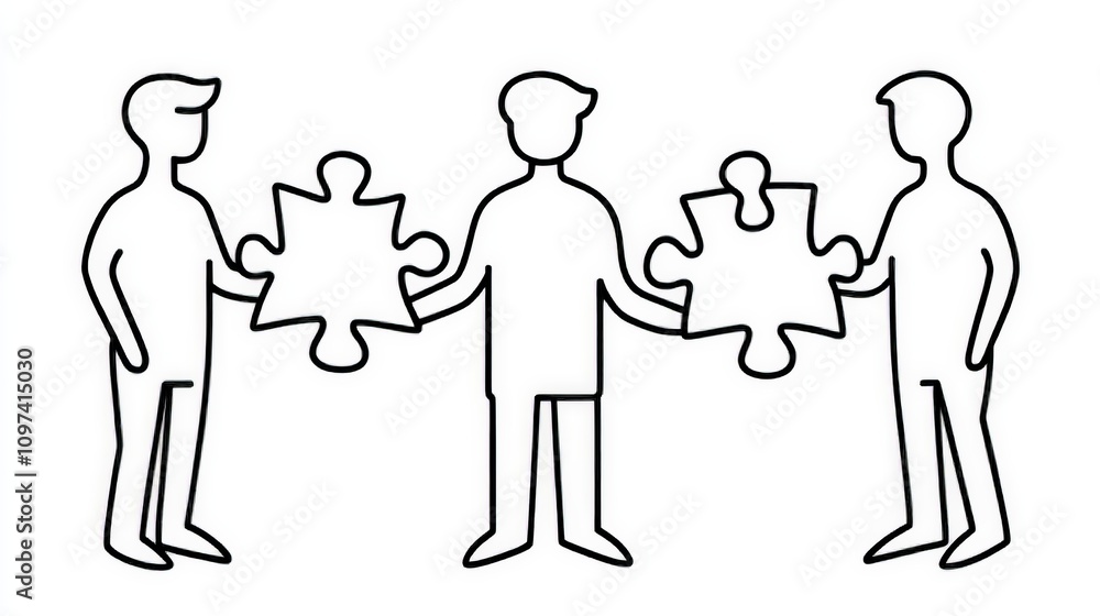 Poster line art illustration of two figures standing and exchanging puzzle pieces symbolizing teamwork nego