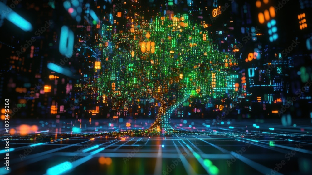Poster digital tree illuminated in vibrant code landscape