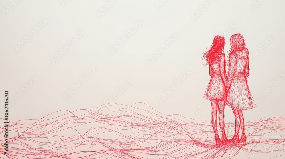 Poster abstract line art of two red figures standing closely symbolizing emotional connection partnership a