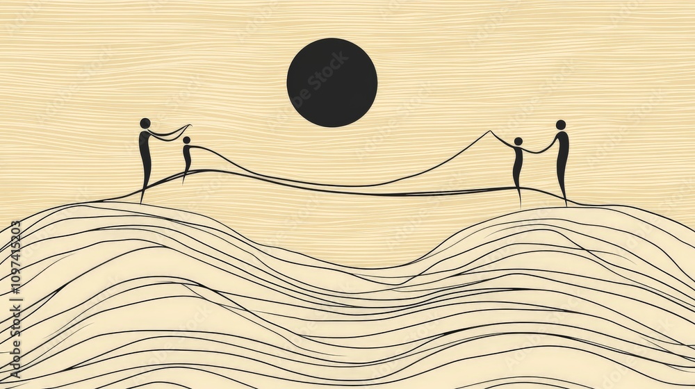 Poster line drawing of figures pulling ropes across wavy lines symbolizing teamwork persistence and collabo