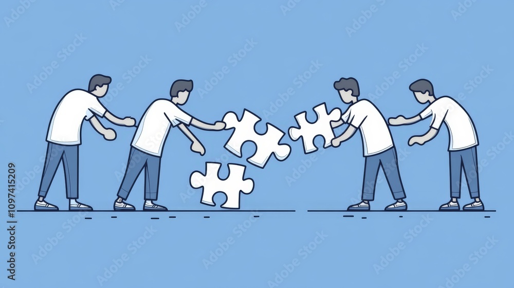 Poster dynamic minimalist sketch of figures pulling ropes in coordination symbolizing teamwork collaboratio