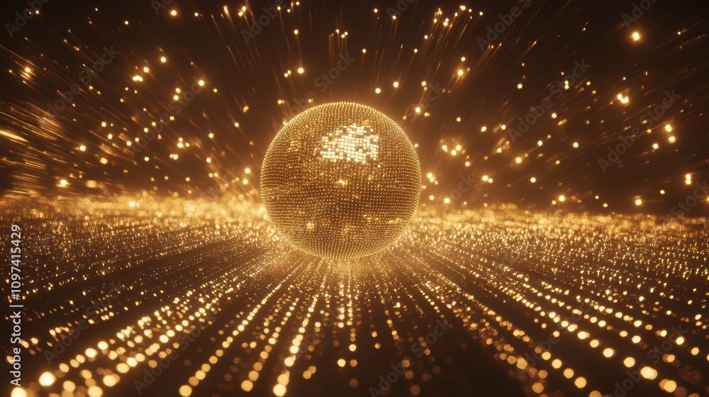 Poster abstract sphere surrounded by glowing particles and lights creating a dynamic motion background for 