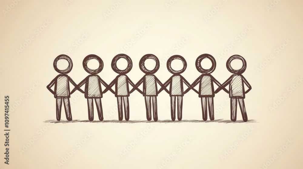 Poster minimalist illustration of stick figures in a row symbolizing equality unity and social connection i