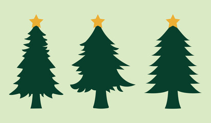 Set of Christmas trees. Traditional winter holiday firs with ornament, in pot, in craft paper, Xmas spruce with festive decoration, balls, lights. Vector illustrations on transparent background.