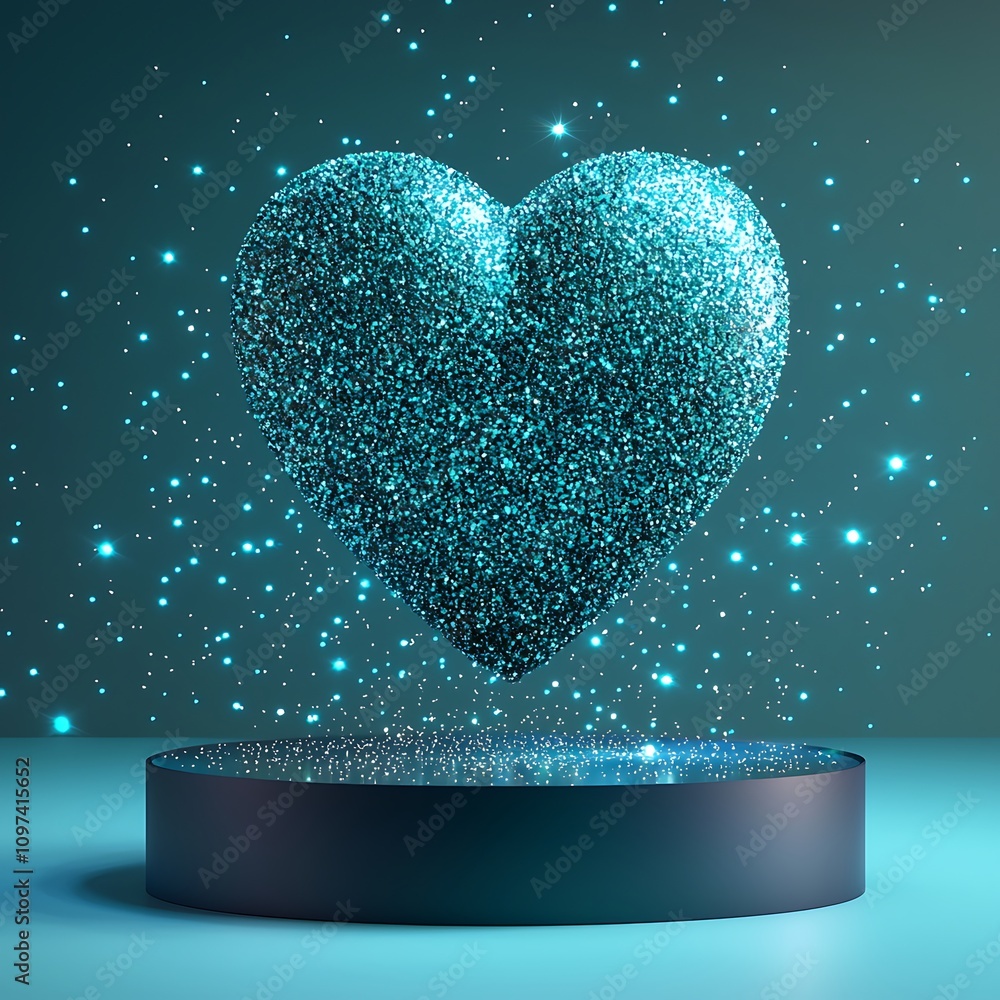Poster shimmering heart on circular stand with sparkles