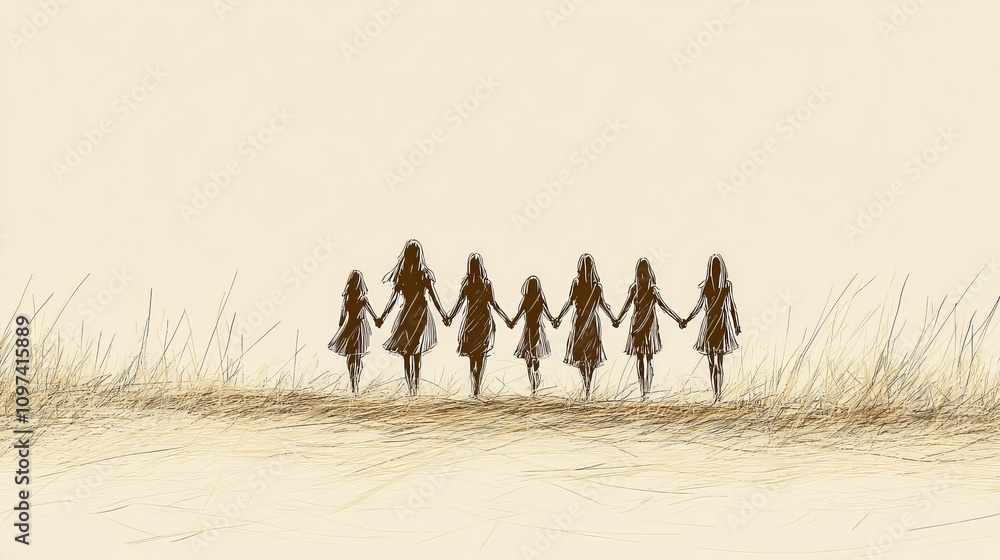 Poster sketch of women walking hand in hand through a grassy field symbolizing connection unity and communi