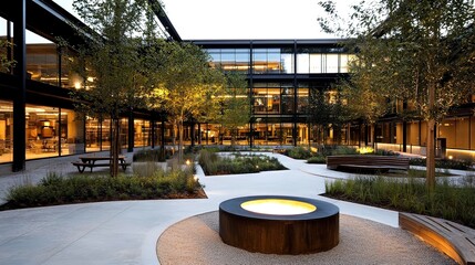 Modern office courtyard with fire pit, landscaping, and seating at dusk.