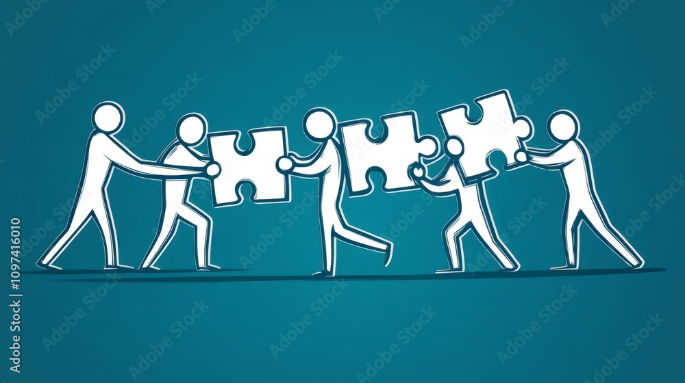 Poster dynamic illustration of diverse figures pushing puzzle pieces together symbolizing teamwork diversit