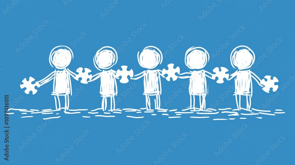 Poster abstract illustration of astronaut like figures exchanging puzzle pieces symbolizing teamwork innova