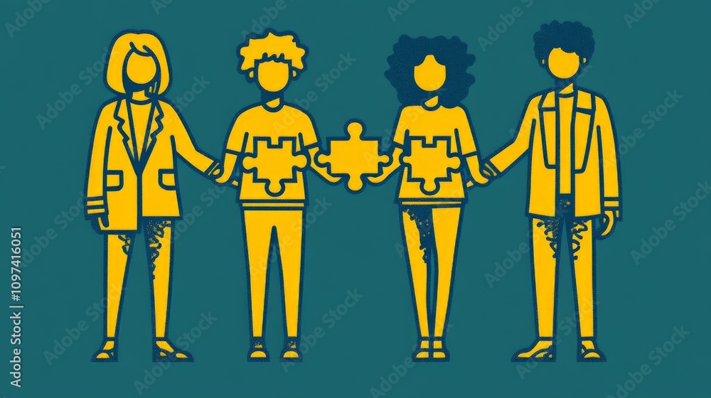 Poster illustration of diverse figures holding puzzle pieces symbolizing inclusion collaboration and teamwo
