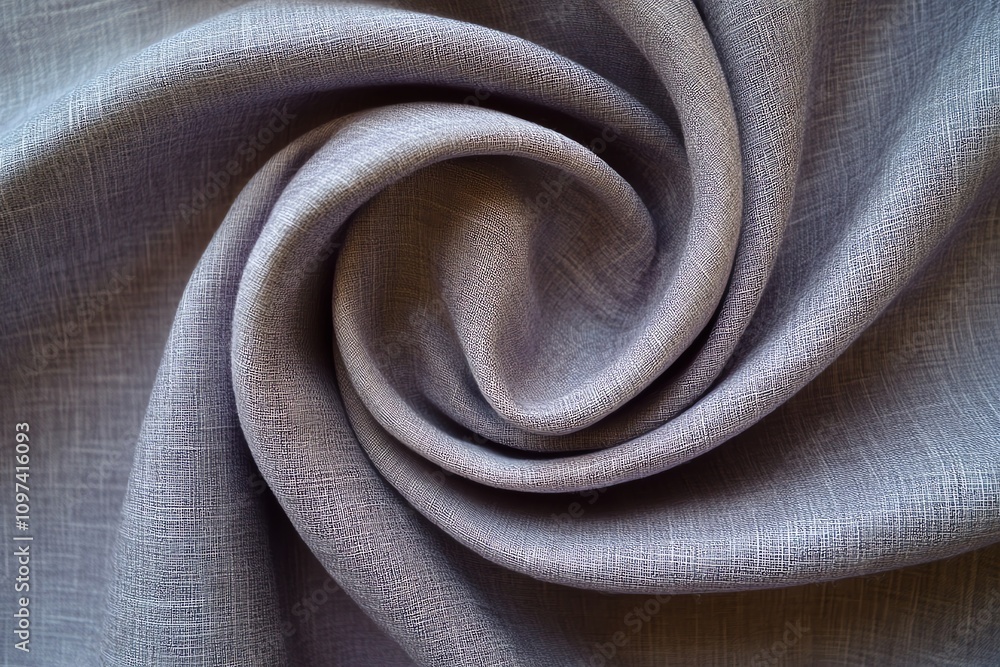 Poster a close-up of gray fabric arranged in a spiral, showcasing texture and color.